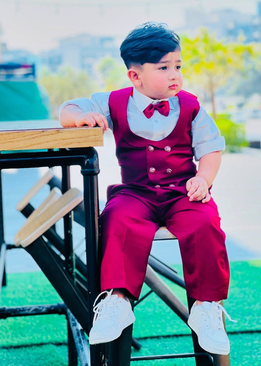 4pcs Maroon Suit (Waistcoat+Pant+Shirt+Bow) CPW 008