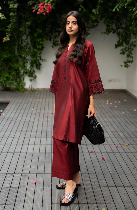 La Rosaa Embroidered visocse Stitched 2 Piece - Merlot - Maroon - Casual Collection