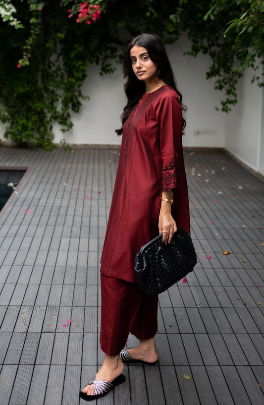 La Rosaa Embroidered visocse Stitched 2 Piece - Merlot - Maroon - Casual Collection