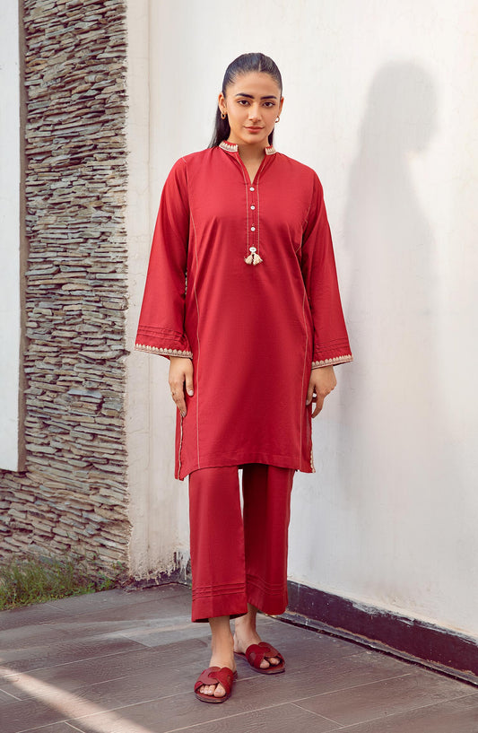 La Rosaa Solid cotton lawn Stitched 2 Piece - Mira - Maroon - Casual Collection