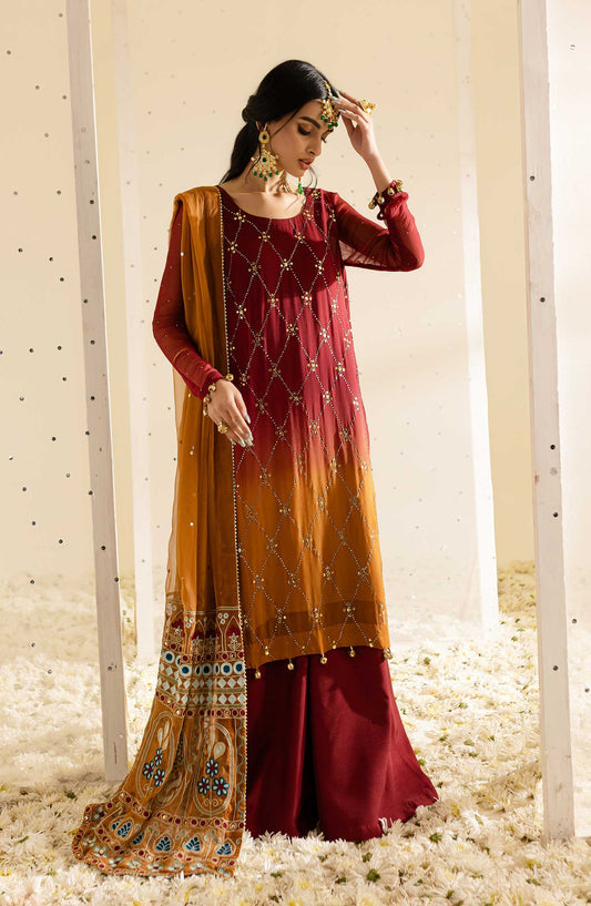 Nureh Mukeshkari Embroidered Mukesh Chiffon Unstitched 3 Piece Suit - NU25MUK - MK-09 - Red - Festive Collection