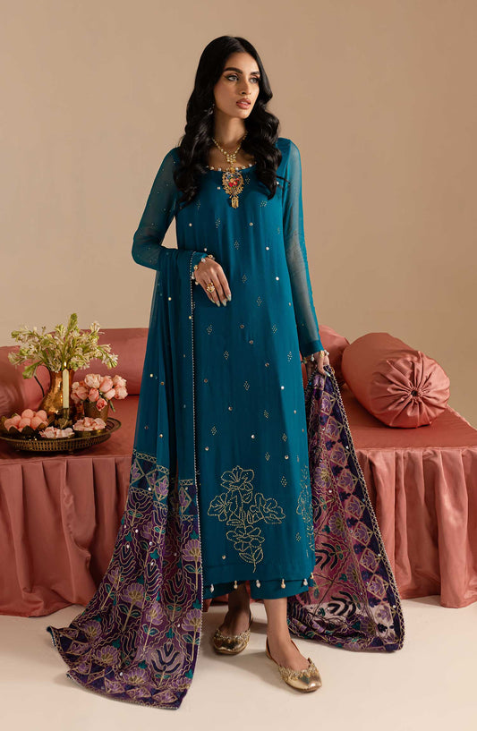 Nureh Mukeshkari Embroidered Mukesh Chiffon Unstitched 3 Piece Suit - NU25MUK - MK-10 - Blue - Festive Collection