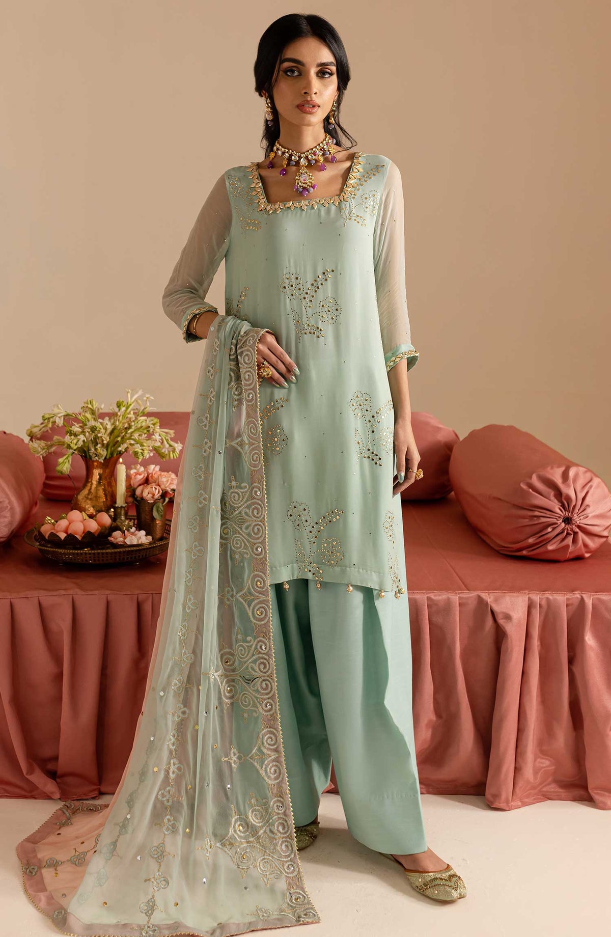 Nureh Mukeshkari Embroidered Mukesh Chiffon Unstitched 3 Piece Suit - NU25MUK - MK-11 - Light Blue - Festive Collection