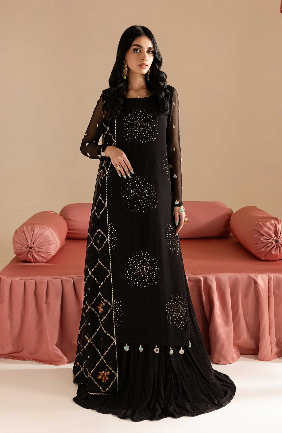 Nureh Mukeshkari Embroidered Mukesh Chiffon Unstitched 3 Piece Suit - NU25MUK - MK-12 - Black - Festive Collection