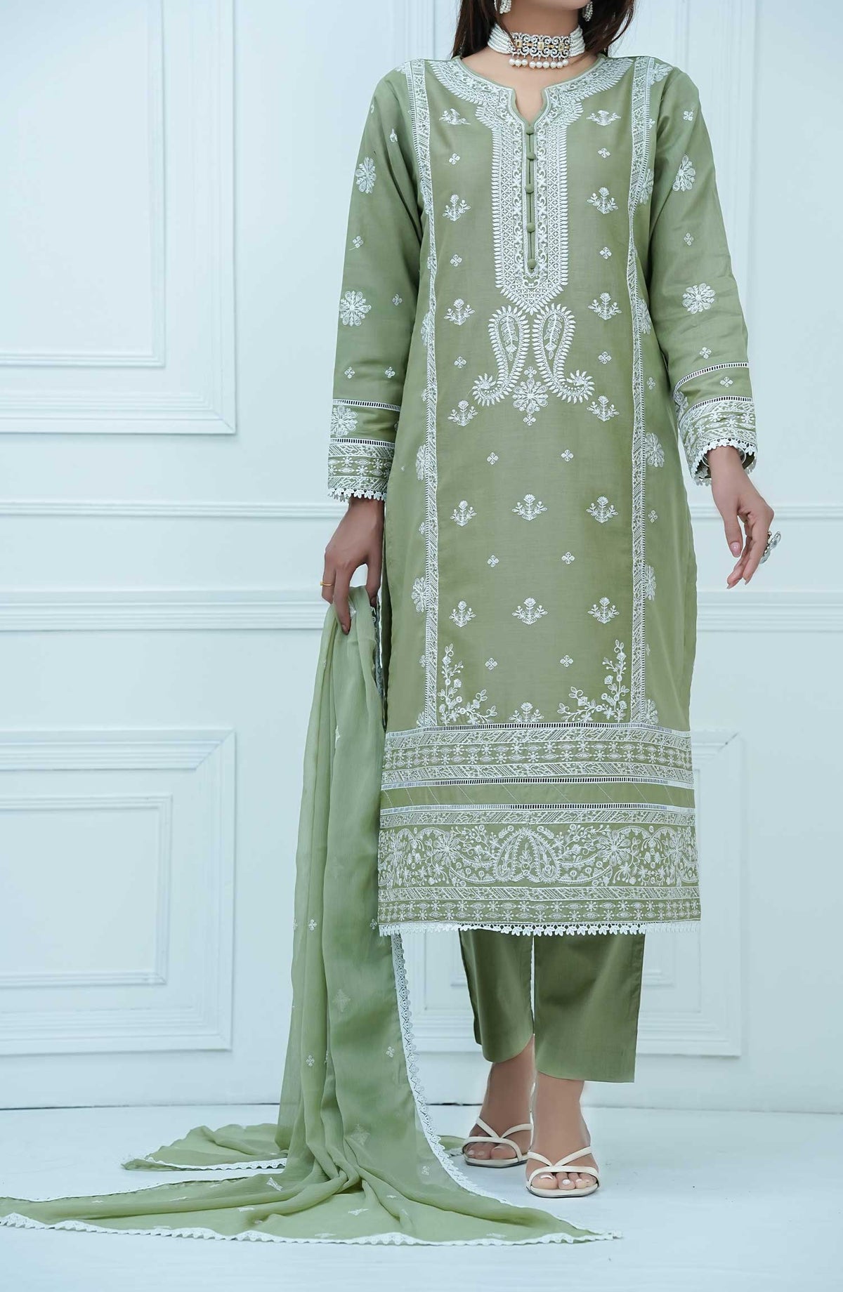 Mauve by Amna Khadija Embroidered Cotton Stitched 3 Piece Suit - MLP 01 - AK25MLP1 - Pastel Green - Casual Collection