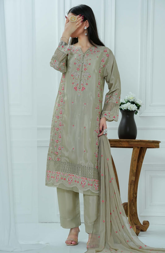 Meet Malina by Amna Khadija Embroidered Raw Silk Stitched 3 Piece Suit - MM-01 - AM25MM - Green - Formal Collection