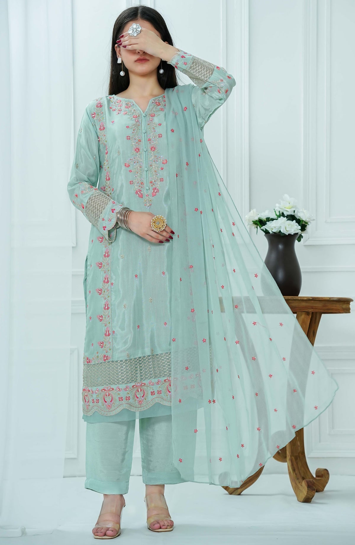 Meet Malina by Amna Khadija Embroidered Raw Silk Stitched 3 Piece Suit - MM-02 - AM25MM - Sea Green - Formal Collection