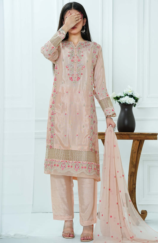 Meet Malina by Amna Khadija Embroidered Raw Silk Stitched 3 Piece Suit - MM-04 - AM25MM - Pink - Formal Collection