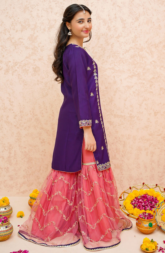Modest Embroidered Rawsilk Stitched 3 Piece Suit - 9045-Prpl - MOD25GFC - Purple - Festive Collection