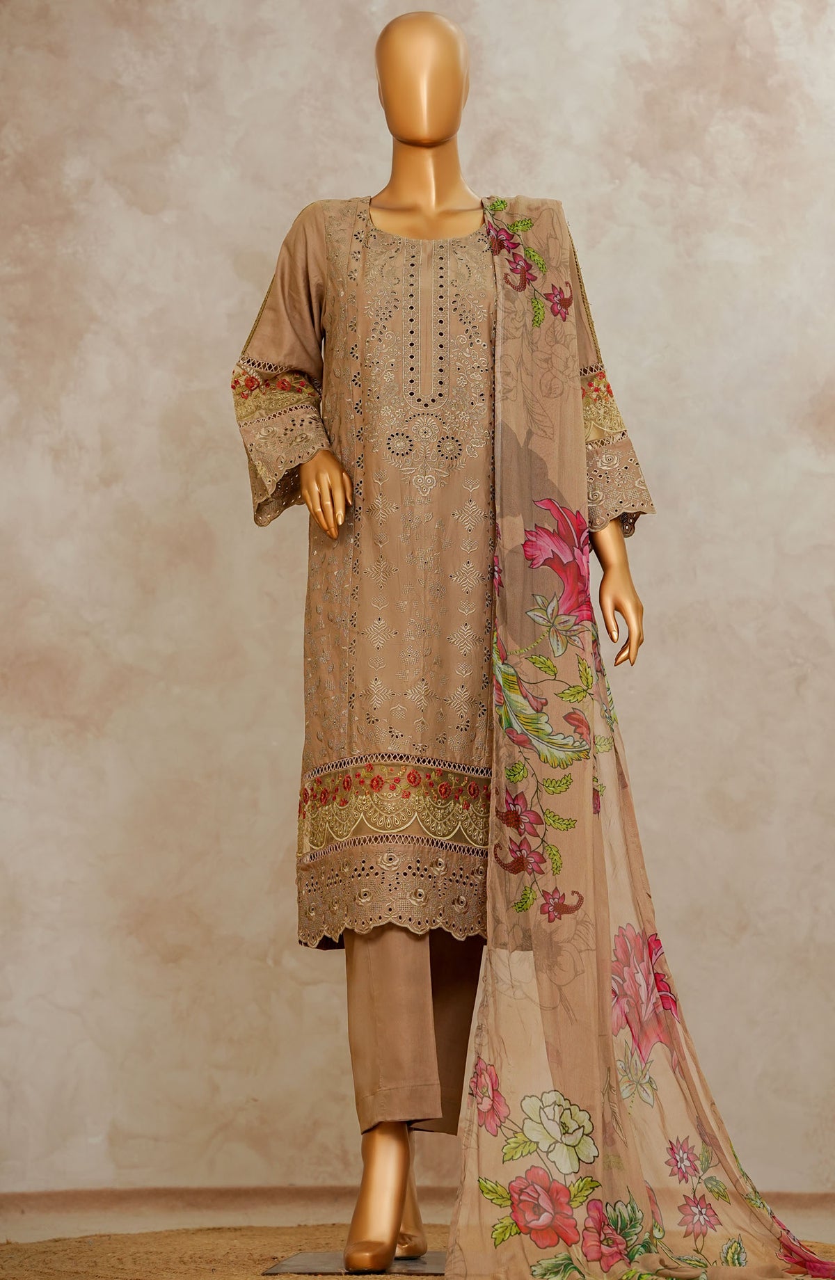 Emerge Chikankari Lawn Stitched 3 Piece Suit - D-02 - EM25ECL - Brown - Summer Collection