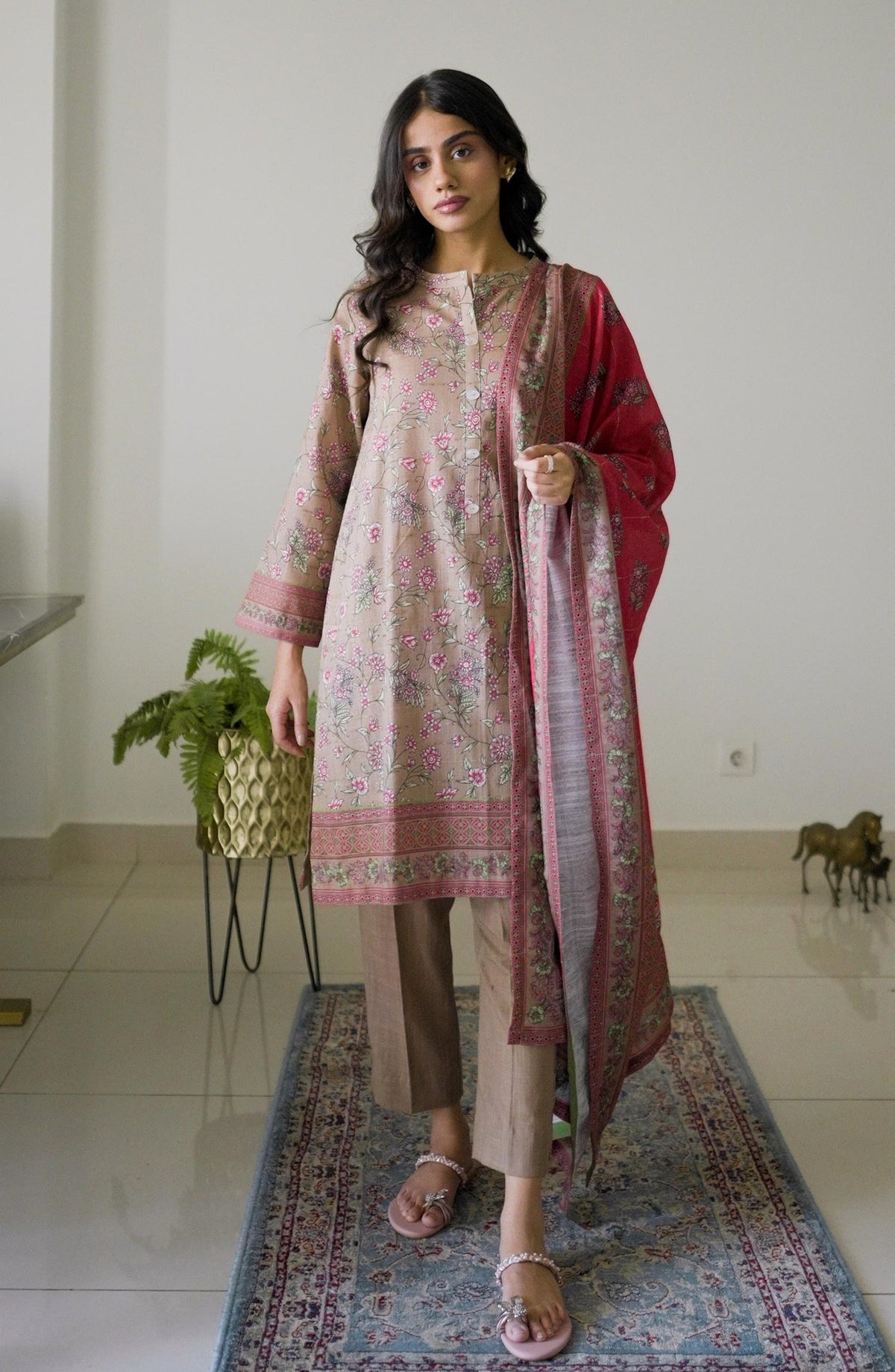 La Rosaa Printed Khaddar Stitched 3 Piece - Mona - Brown - Casual Collection