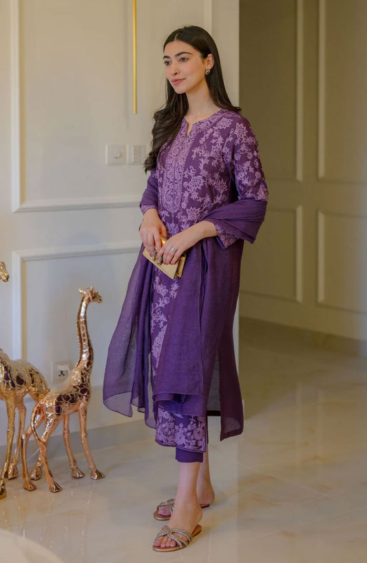 Luna Edit By Hues Atelier Embroidered Cotton Net Stitched 3 Piece - Monochrome Purple - HA25L - Festive Collection