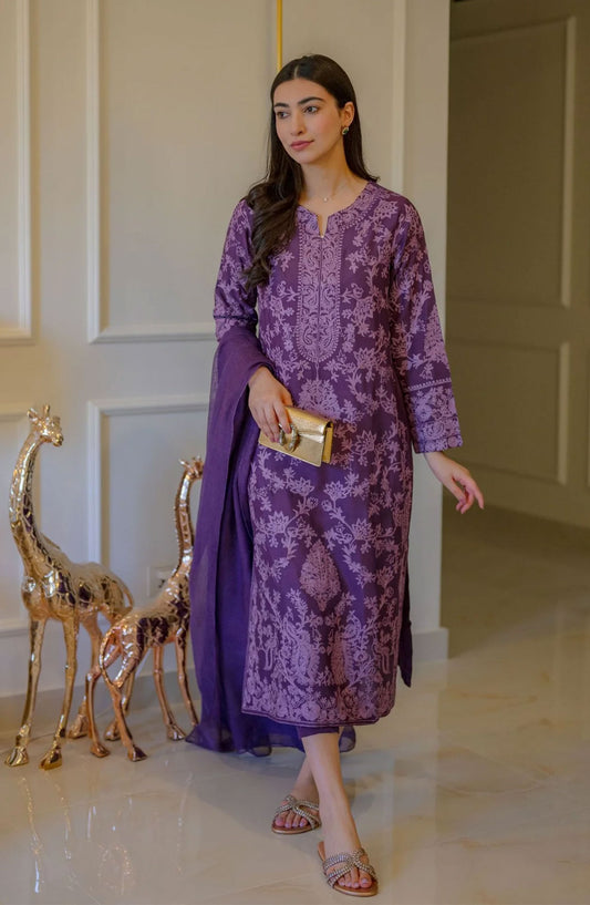 Luna Edit By Hues Atelier Embroidered Cotton Net Stitched 3 Piece - Monochrome Purple - HA25L - Festive Collection