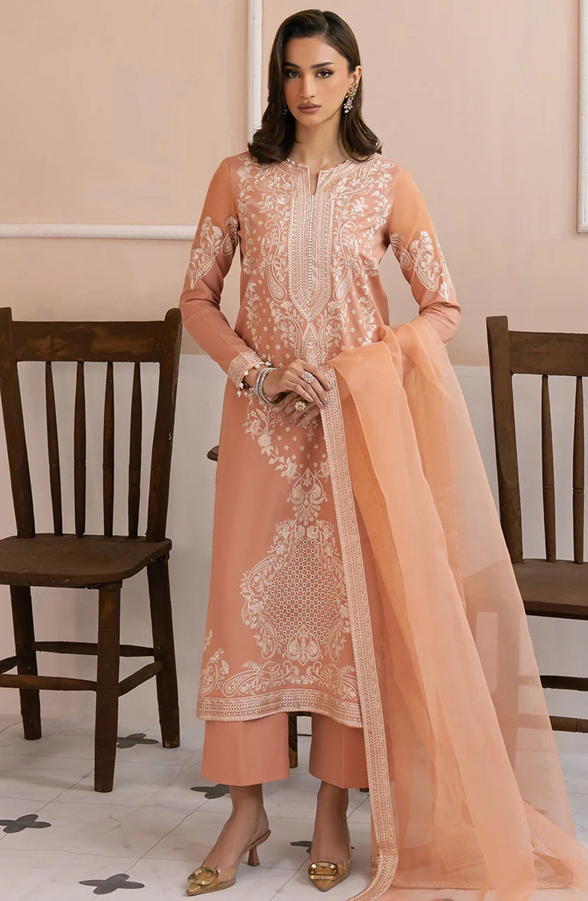 Maryum n Maria Embroidered Lawn Unstitched 3 Piece Suit - MS50151 Assieh - MNM25ELL - Peach - Eid Collection