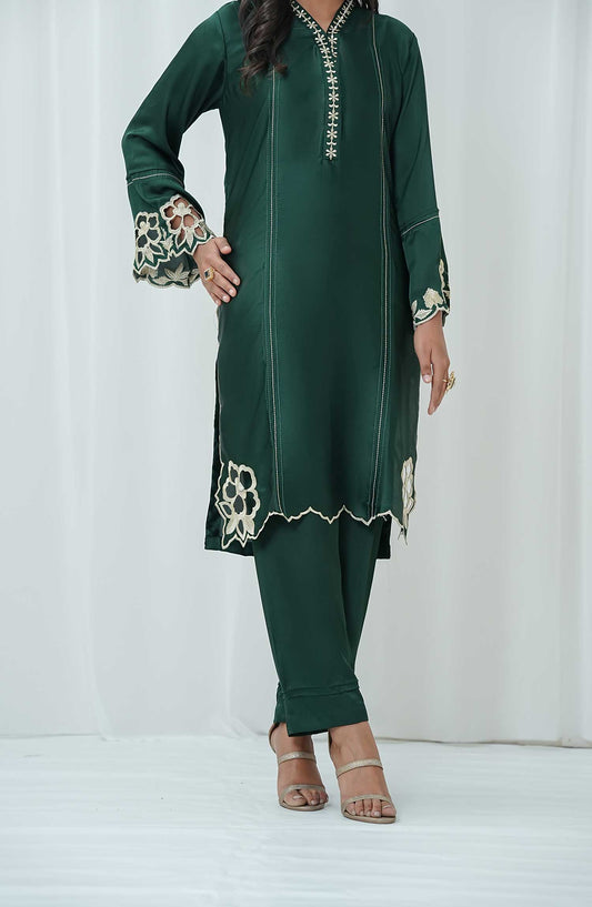 Marlene by Amna Khadija Embroidered Shamooz Silk Pret 2 Piece Suit - AM25MRS - MSS-01 - Dark Green - Winter Collection