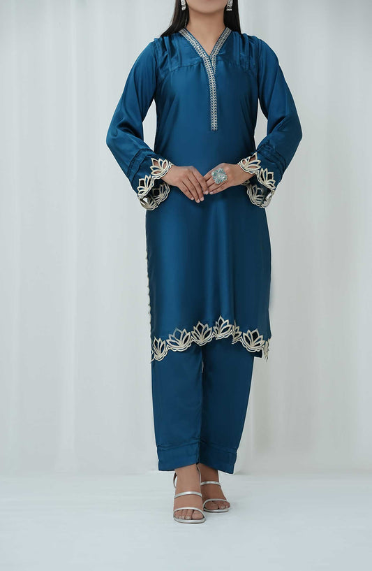Marlene by Amna Khadija Embroidered Shamooz Silk Pret 2 Piece Suit - AM25MRS - MSS-08 - Blue - Winter Collection