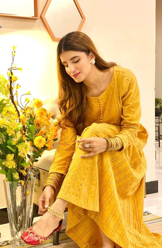 Hues Atelier Casual Chikankari Stitched 2 Piece - Mustard Era - HA25BP - Mustard - Casual Collection