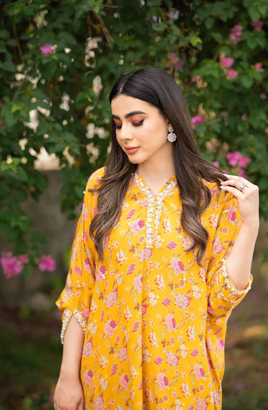 Luna Edit By Hues Atelier Printed Grip Stitched 2 Piece - Mustard Printed Kaftan Set - HA25L - Festive Collection