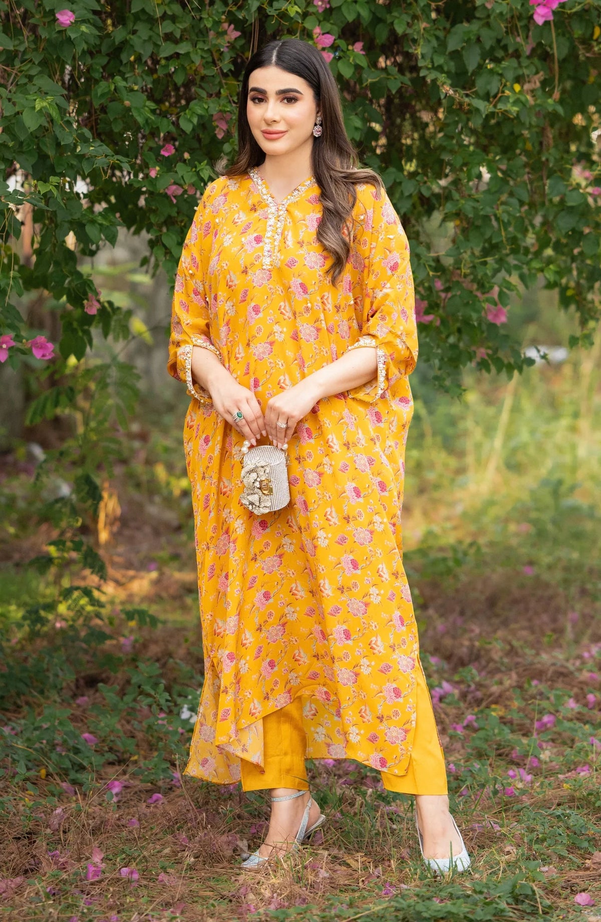 Luna Edit By Hues Atelier Printed Grip Stitched 2 Piece - Mustard Printed Kaftan Set - HA25L - Festive Collection