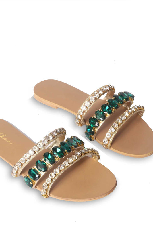 Malhaa Fashion Fancy Footwear Flats - MLH25FW - Naqsh - Green - Festive Collection
