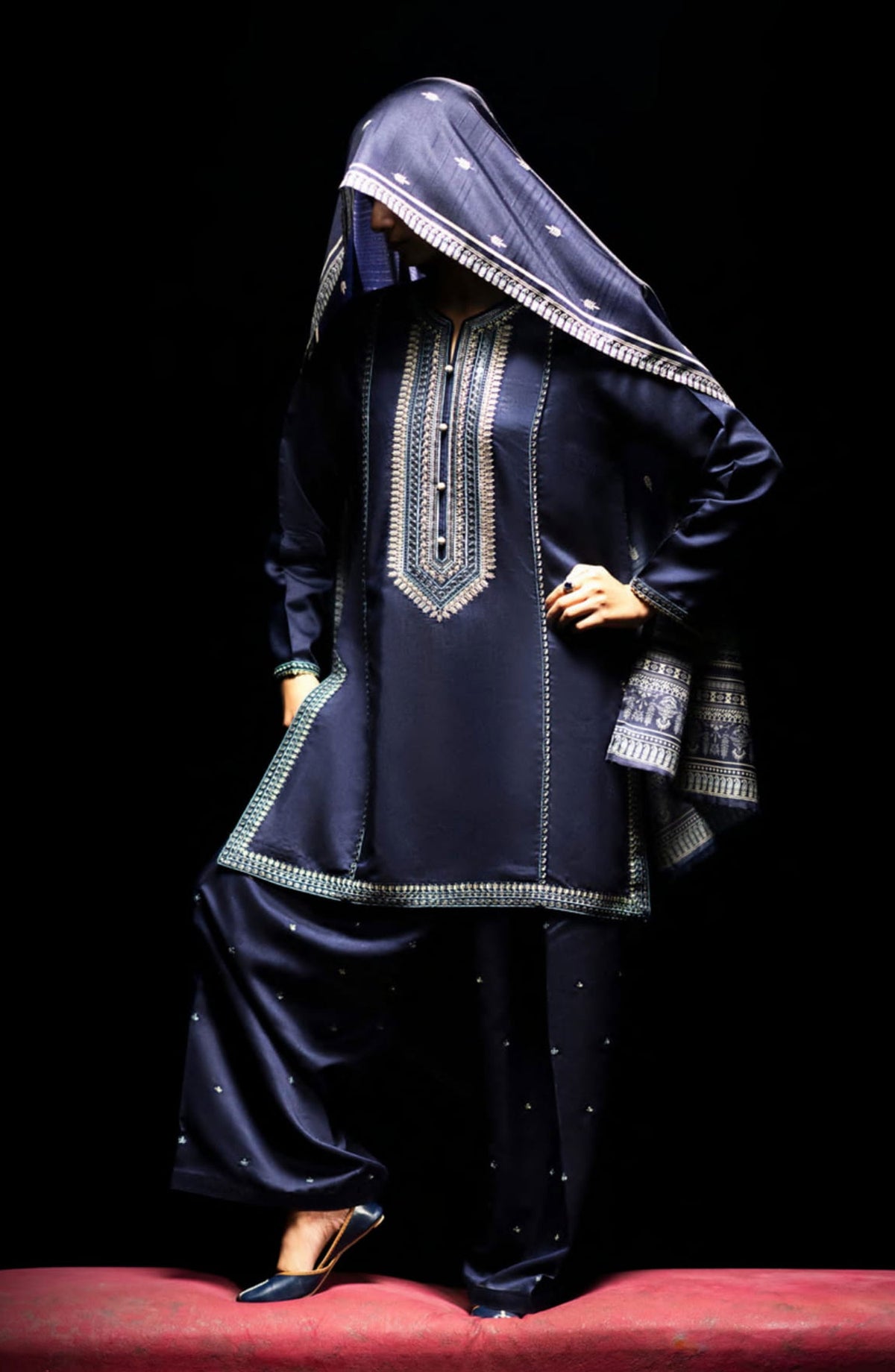 Casual Lite Embroidered Viscose Stitched 3 Piece - Navy Blue Hue - CL25B1 - Navy Blue - Winter Collection