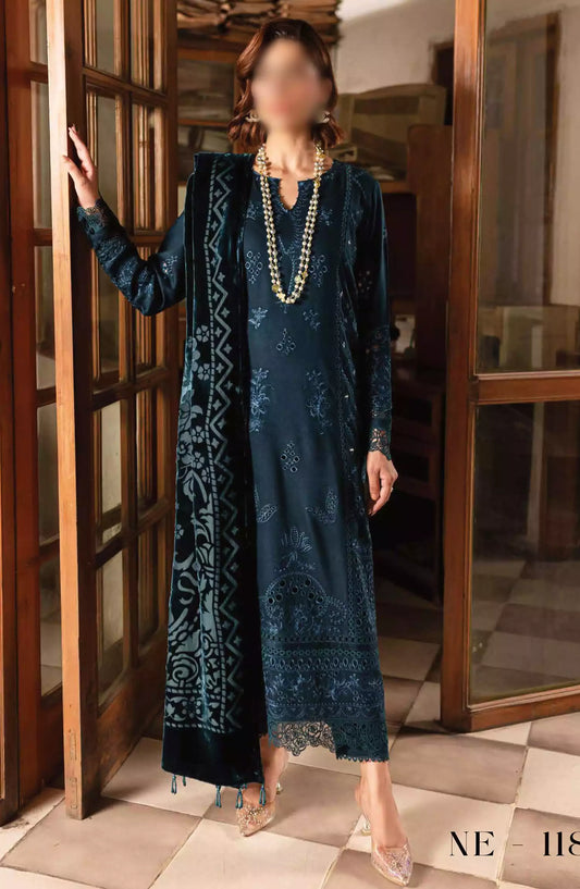 Nureh Unstitched Embroidered Leather Peach Collection with Velvet Palachi Shawl - NE-118