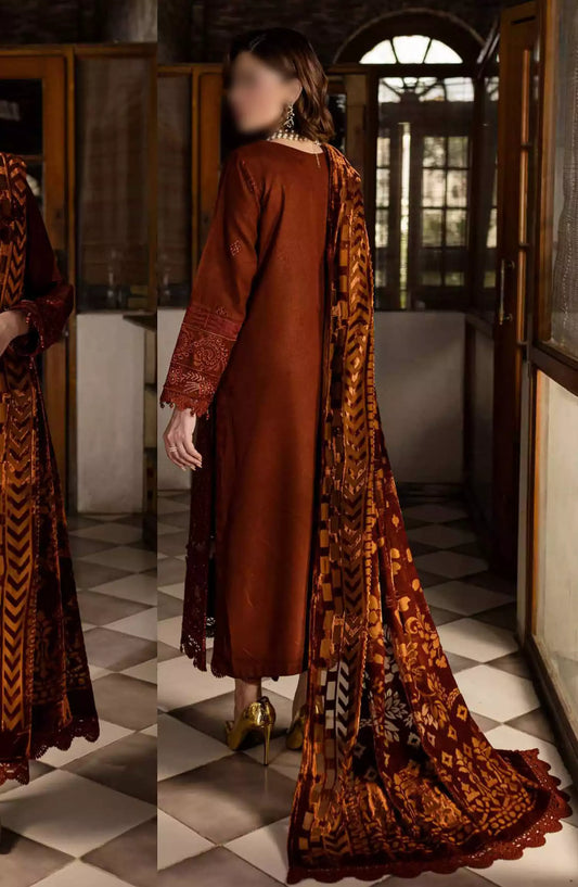 Nureh Unstitched Embroidered Leather Peach Collection with Velvet Palachi Shawl - NE-120