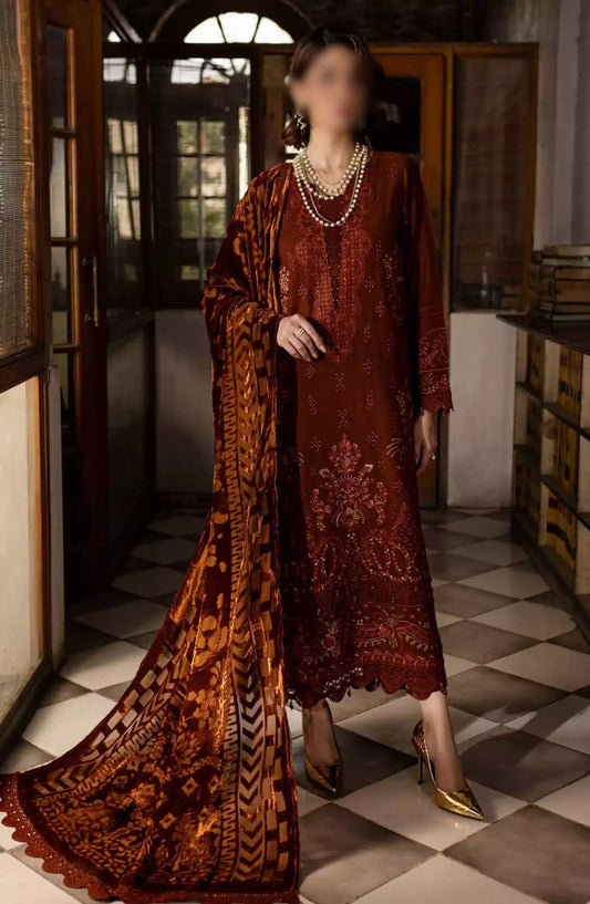 Nureh Unstitched Embroidered Leather Peach Collection with Velvet Palachi Shawl - NE-120