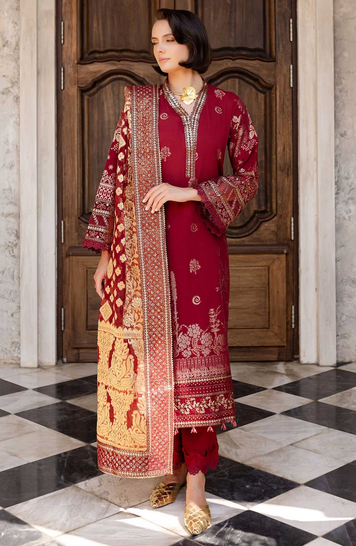 Nureh Embroidered Lawn Unstitched 3 Piece - NE-155 - NU25EJL - Red - Summer Collection
