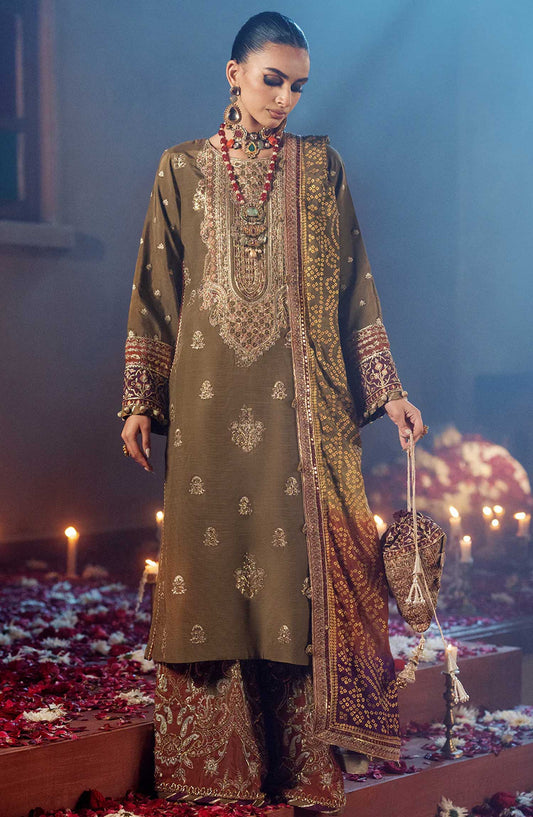 AJR Embroidered Raw silk Unstitched 3 Piece - Nooray - AJR25S - Green - Wedding Collection
