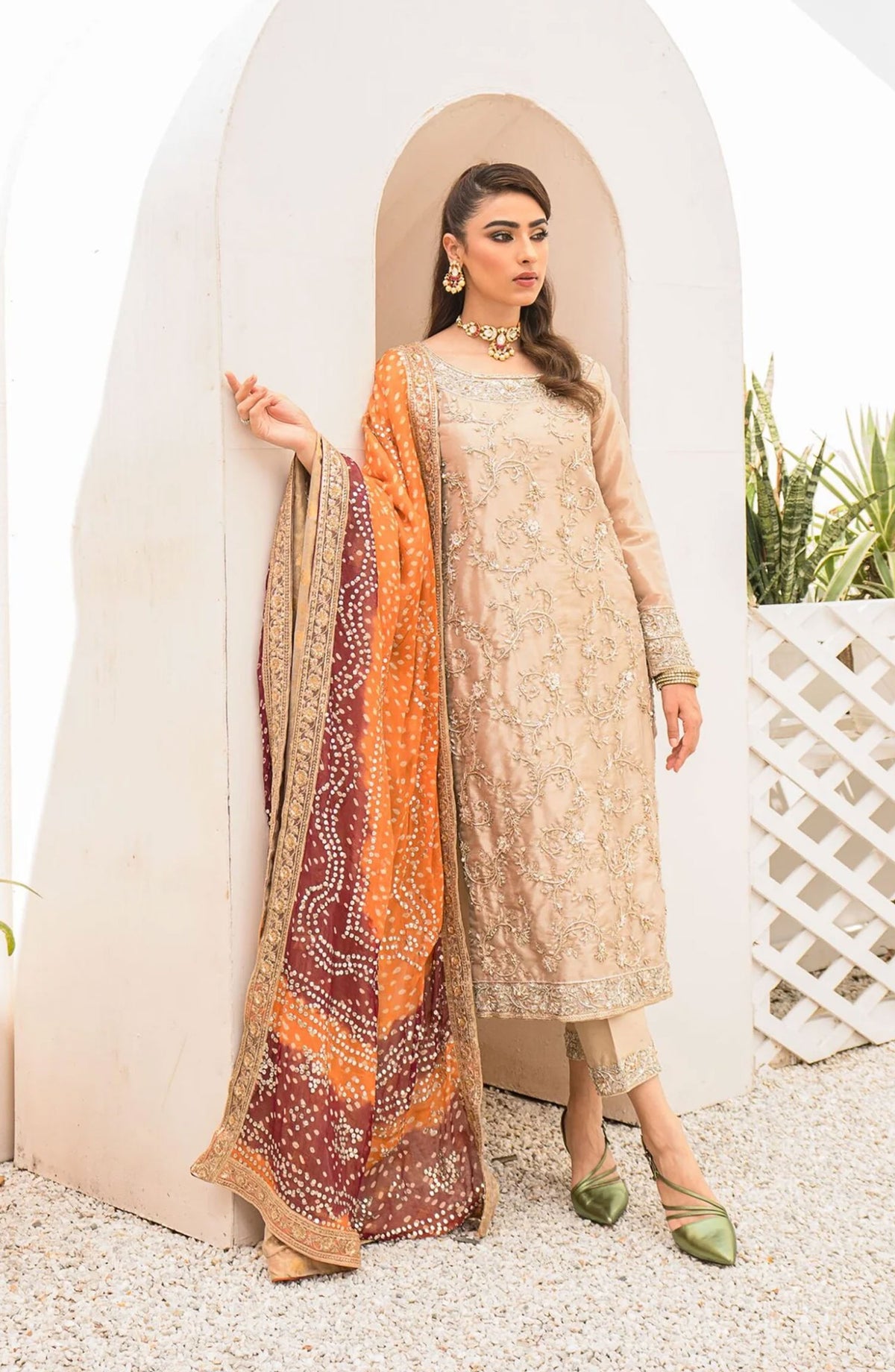 Hues Atelier Embroidered Tissue 3 Piece - Norah - HA25LF - Fawn - Festive Collection