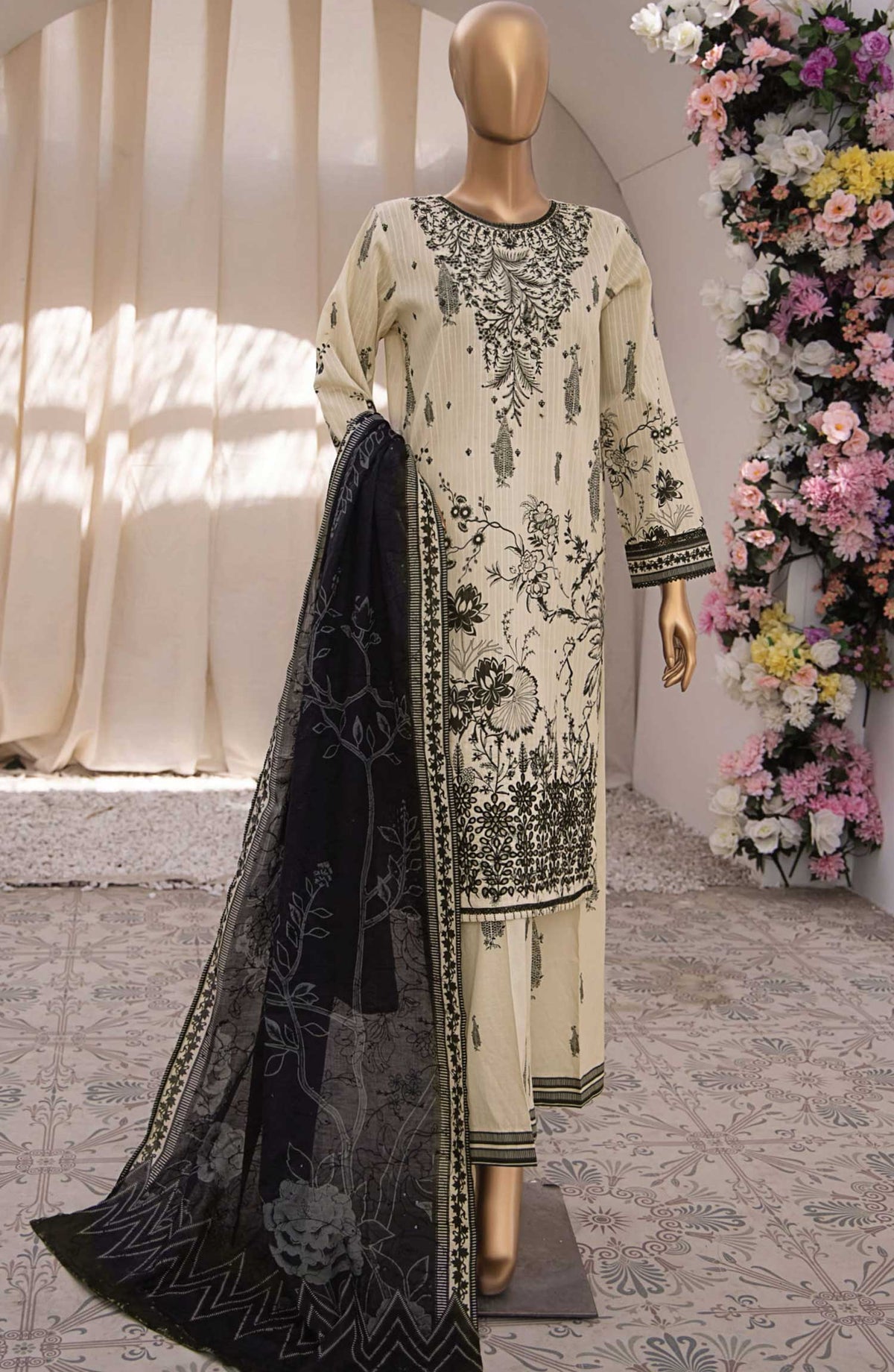 Nayab by HZ Textile Embroidered Lawn Unstitched 3 Piece - NPE-05 A - HZ25NL - Cream - Summer Collection