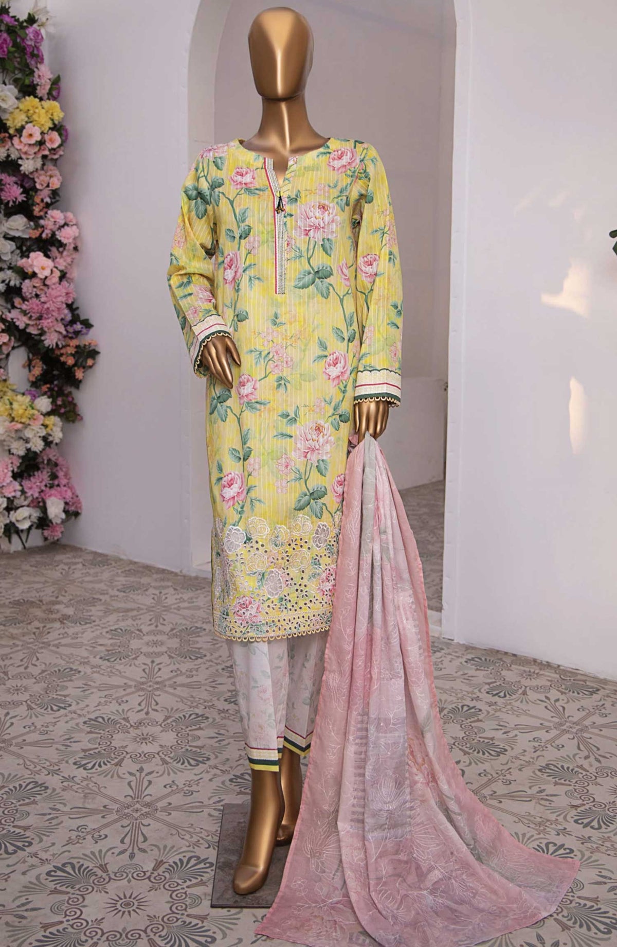 Nayab by HZ Textile Embroidered Lawn Unstitched 3 Piece - NPE-05 B - HZ25NL - Yellow - Summer Collection