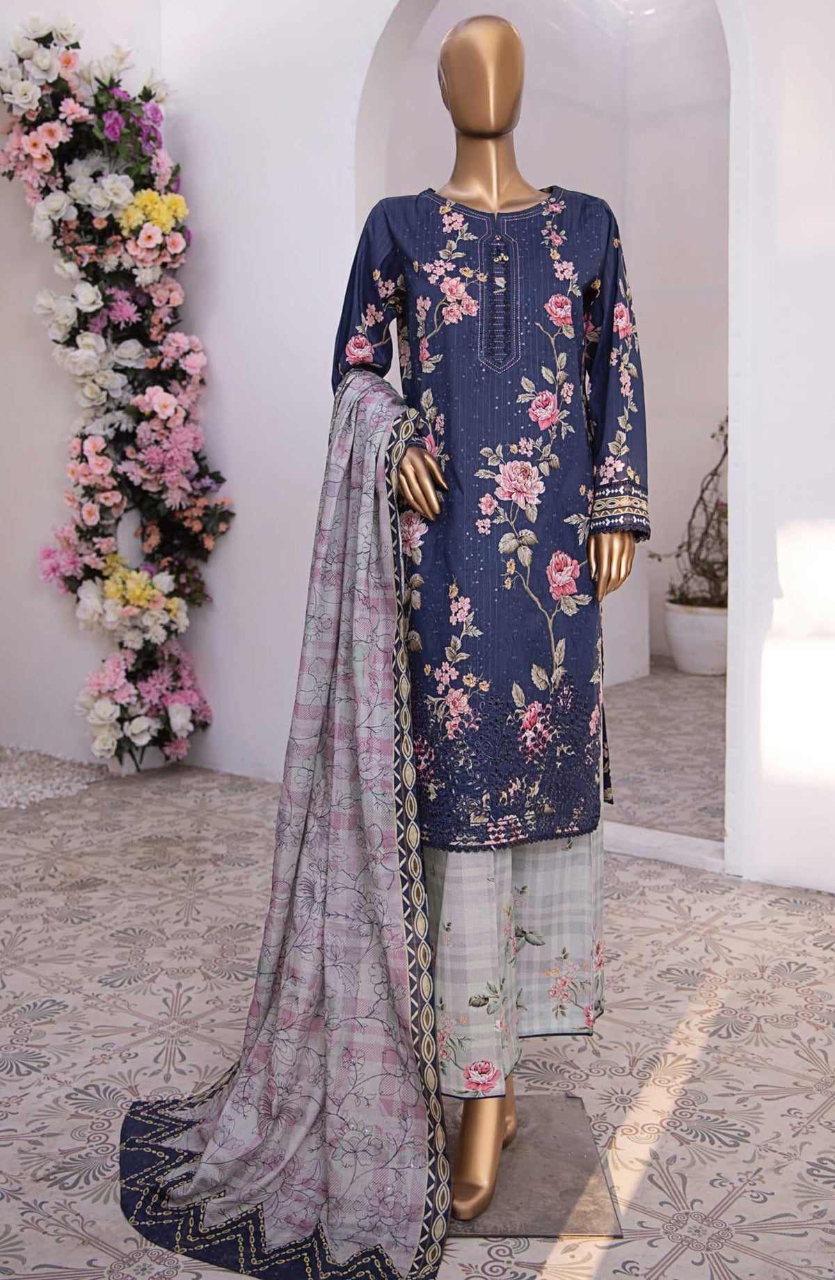 Nayab by HZ Textile Embroidered Lawn Unstitched 3 Piece - NPE-09 - HZ25NL - Navy Blue - Summer Collection