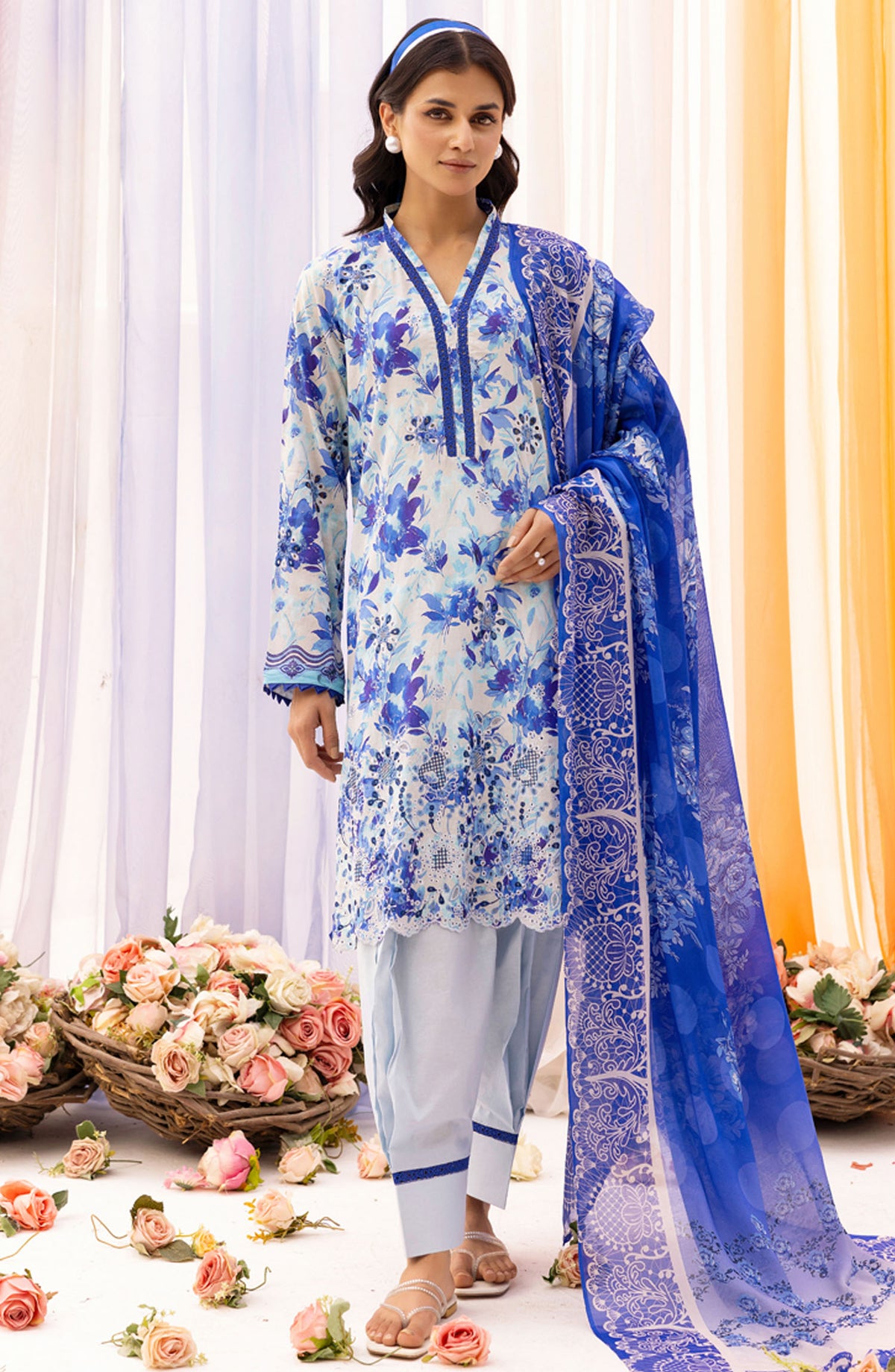 RangRez by NUR Embroidered Lawn Unstitched 3 Piece Suit - NR-404 - NUR25RRL - Blue - Summer Collection