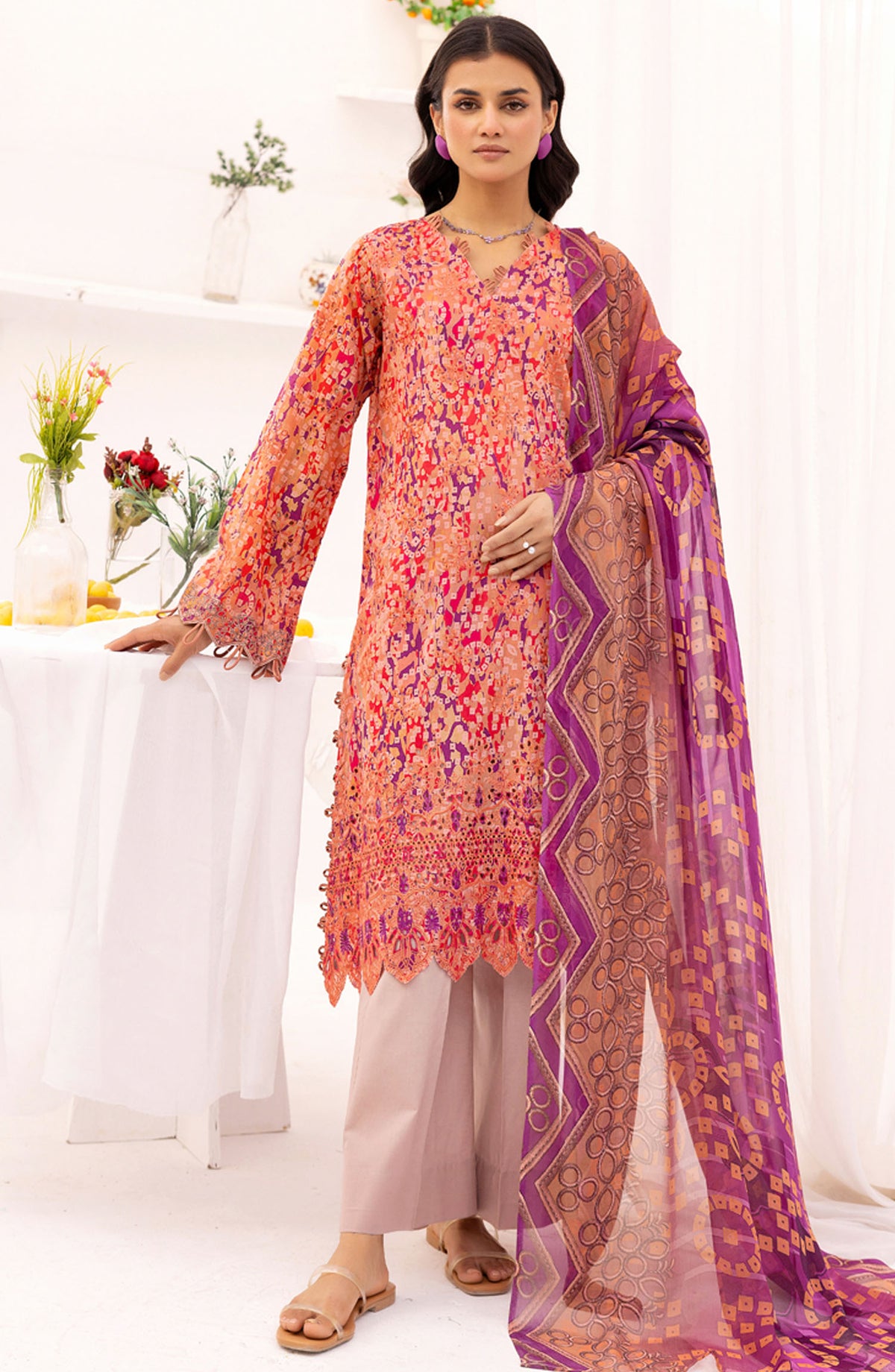 RangRez by NUR Embroidered Lawn Unstitched 3 Piece Suit - NR-405 - NUR25RRL - Orange - Summer Collection