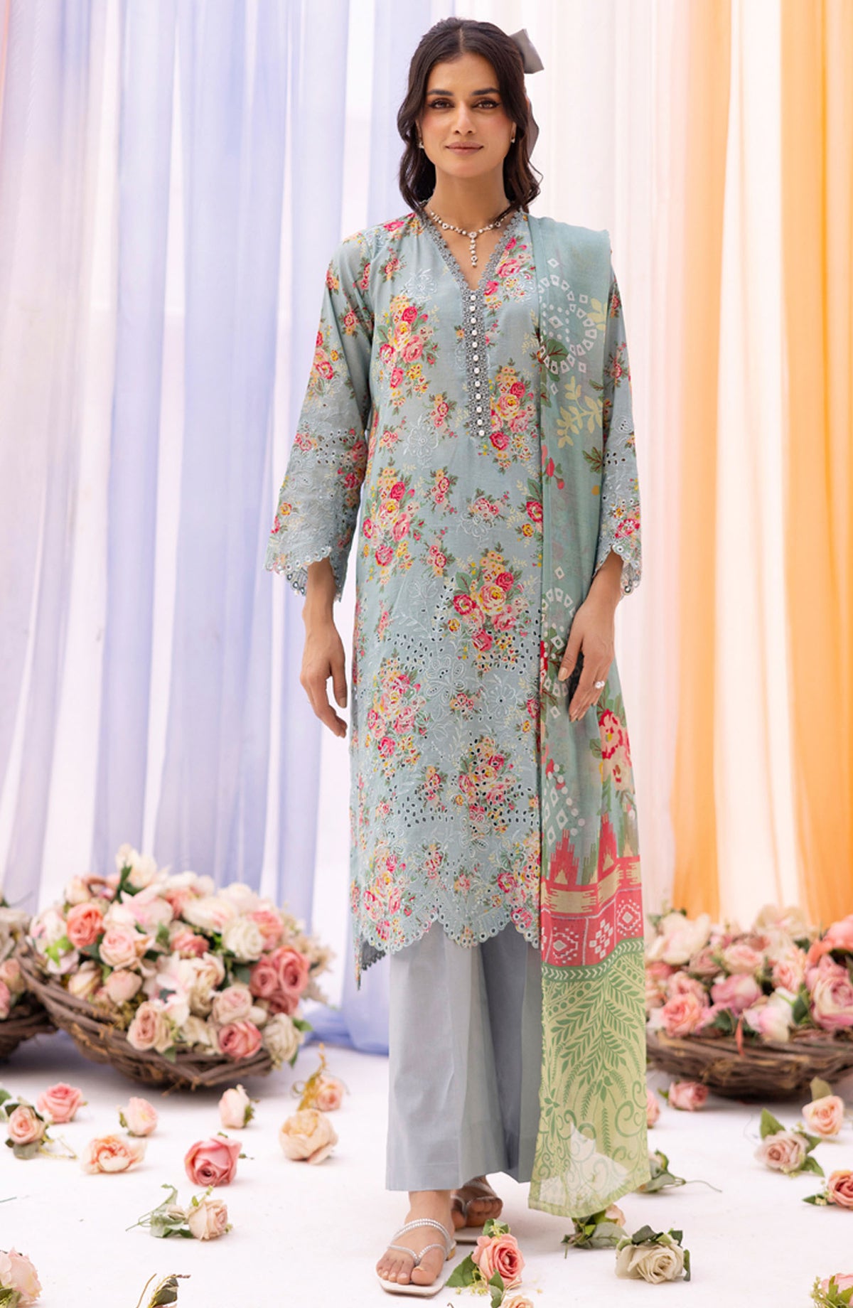RangRez by NUR Embroidered Lawn Unstitched 3 Piece Suit - NR-406 - NUR25RRL - Blue - Summer Collection