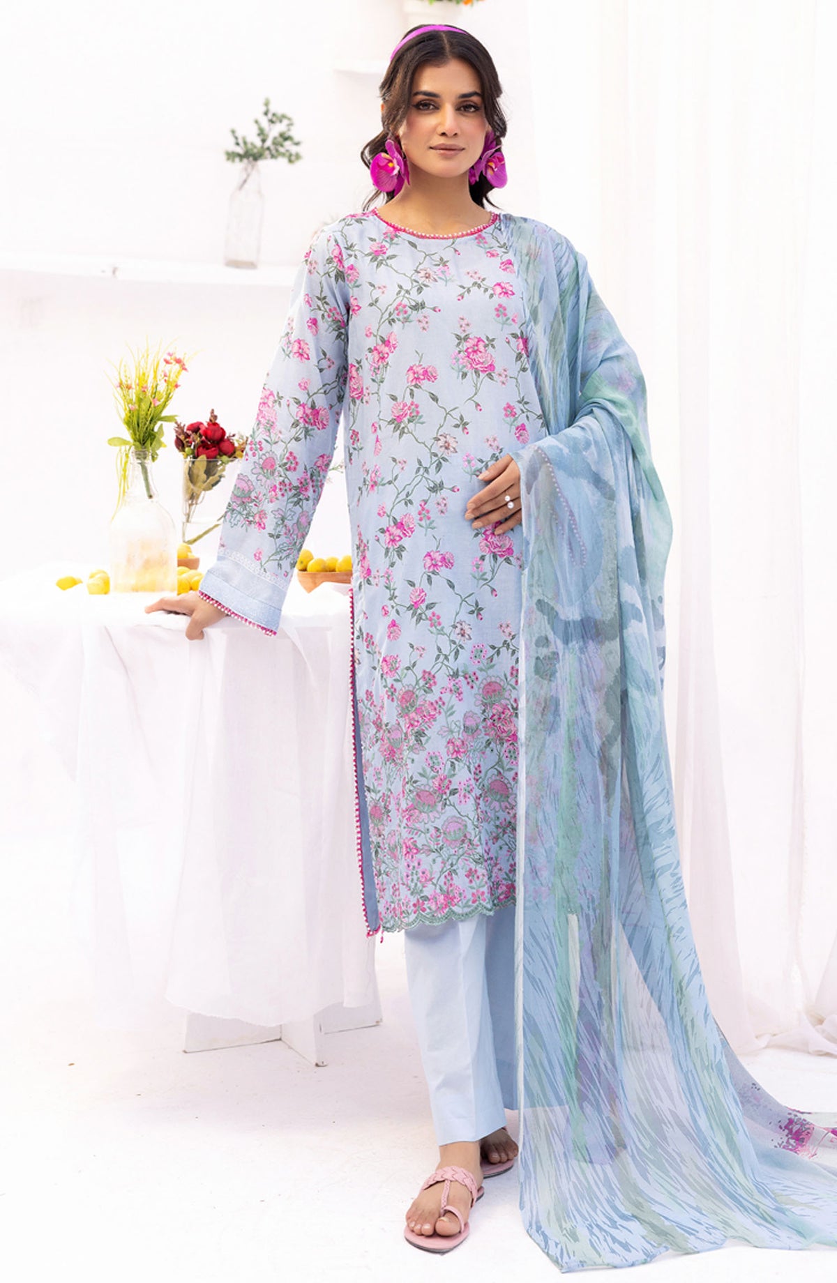 RangRez by NUR Embroidered Lawn Unstitched 3 Piece Suit - NR-408 - NUR25RRL - Blue - Summer Collection