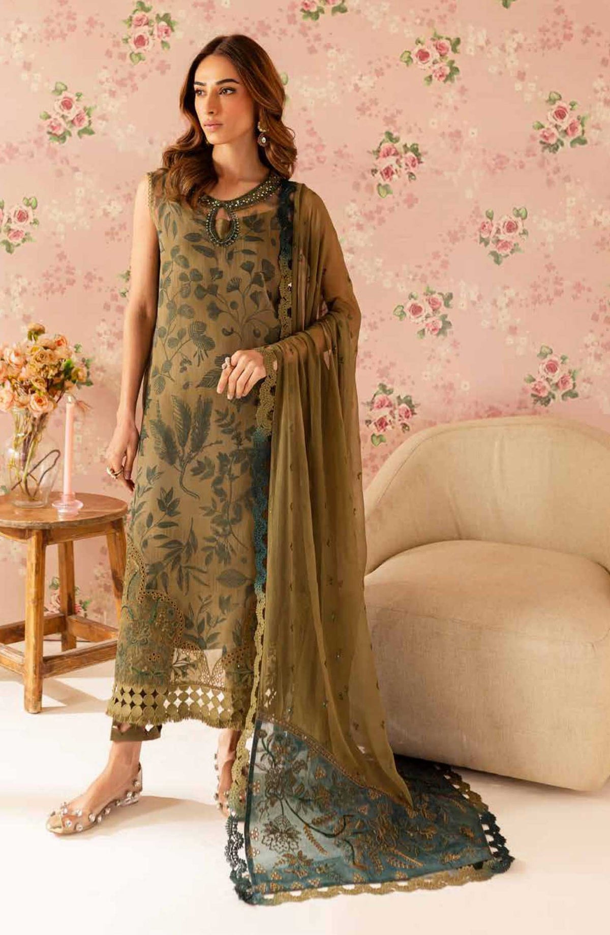 Ballerina by Nureh Embroidered Organza Unstitched 4 Piece - NU2 162 - NU25B - Military Green - Festive Collection