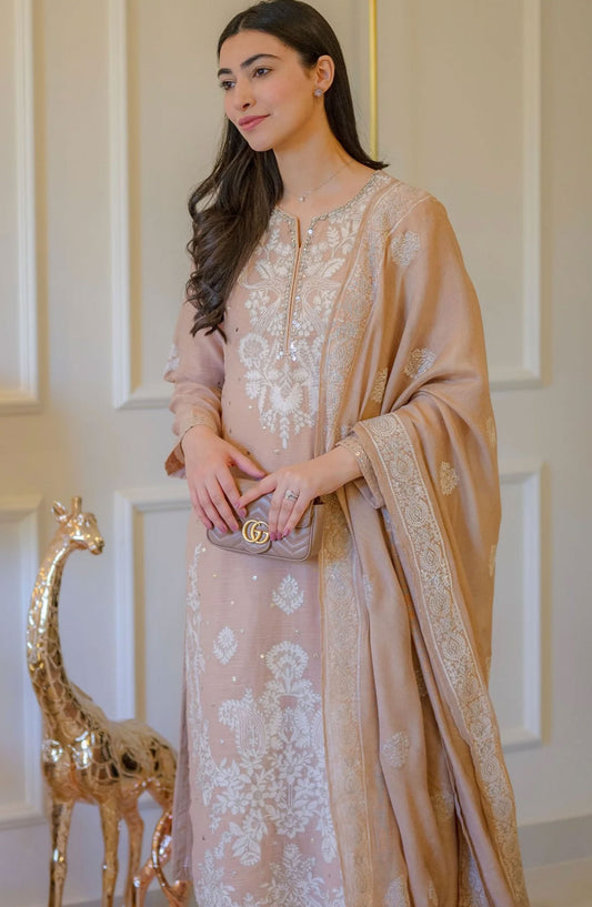 Luna Edit By Hues Atelier Embroidered Raw Silk Stitched 3 Piece - Nude And White - HA25L - Festive Collection