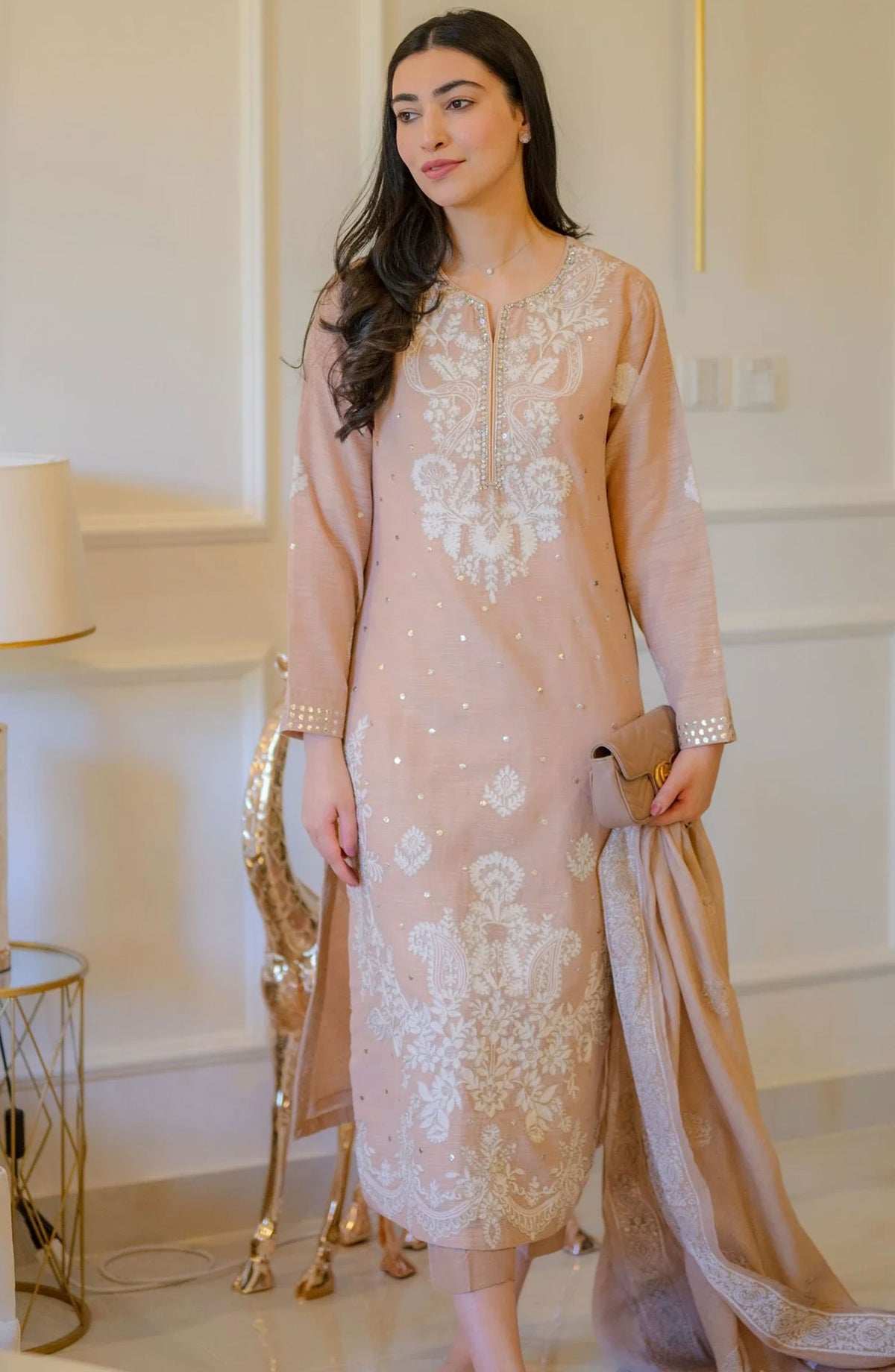 Luna Edit By Hues Atelier Embroidered Raw Silk Stitched 3 Piece - Nude And White - HA25L - Festive Collection