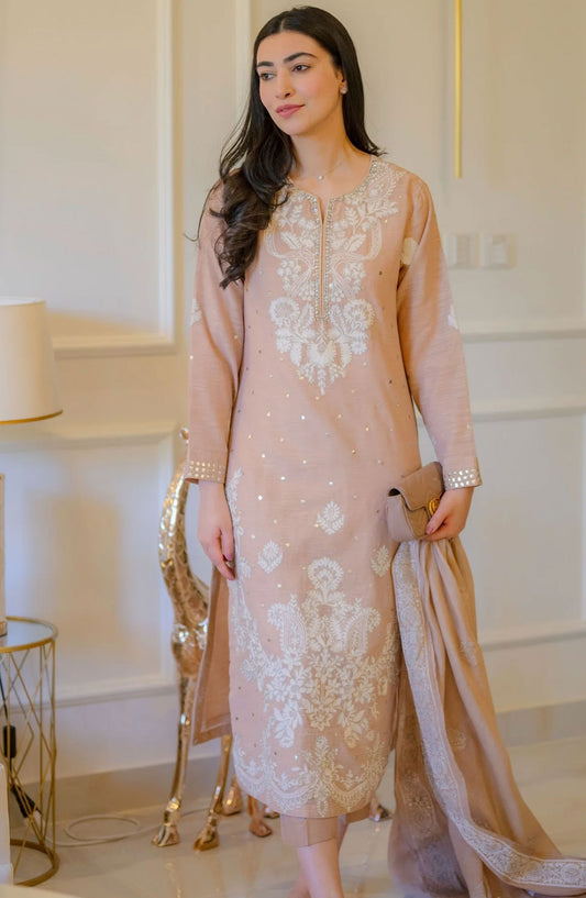 Luna Edit By Hues Atelier Embroidered Raw Silk Stitched 3 Piece - Nude And White - HA25L - Festive Collection