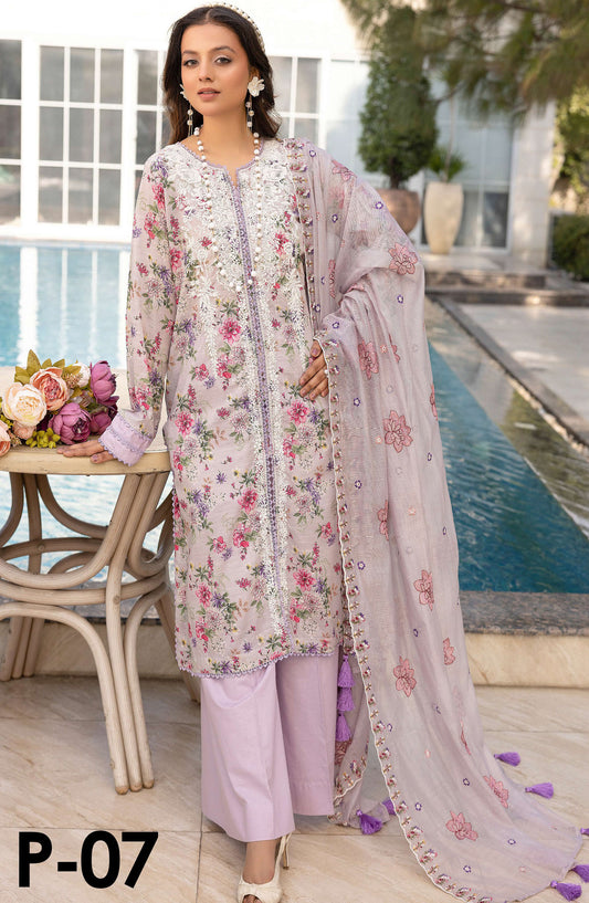 Printkari by NUR Embroidered Lawn Unstitched 3 Piece Suit - P-07 - NUR25PK - Purple - Summer Collection
