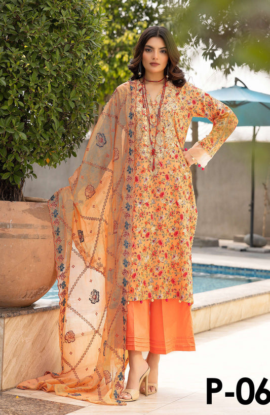 Printkari by NUR Embroidered Lawn Unstitched 3 Piece Suit - P-06 - NUR25PK - Orange - Summer Collection