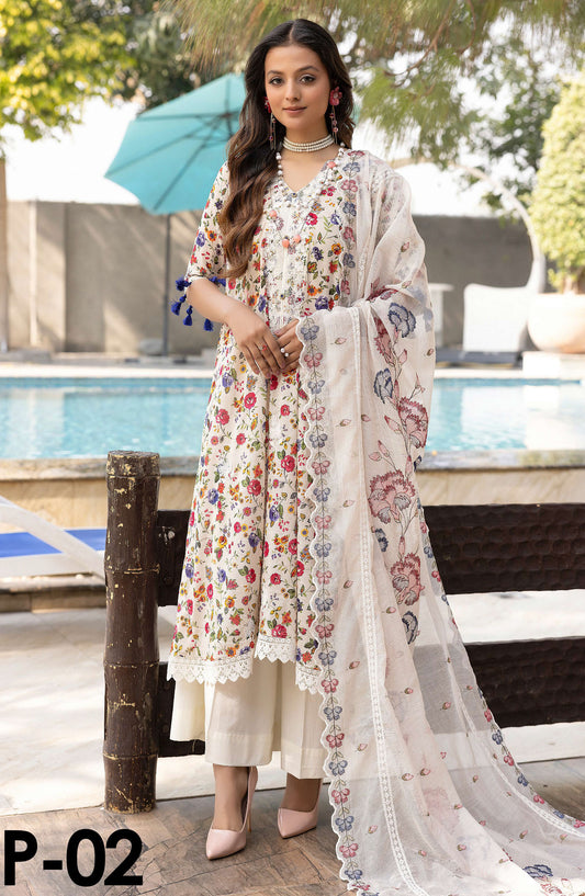 Printkari by NUR Embroidered Lawn Unstitched 3 Piece Suit - P-02 - NUR25PK - Off White - Summer Collection