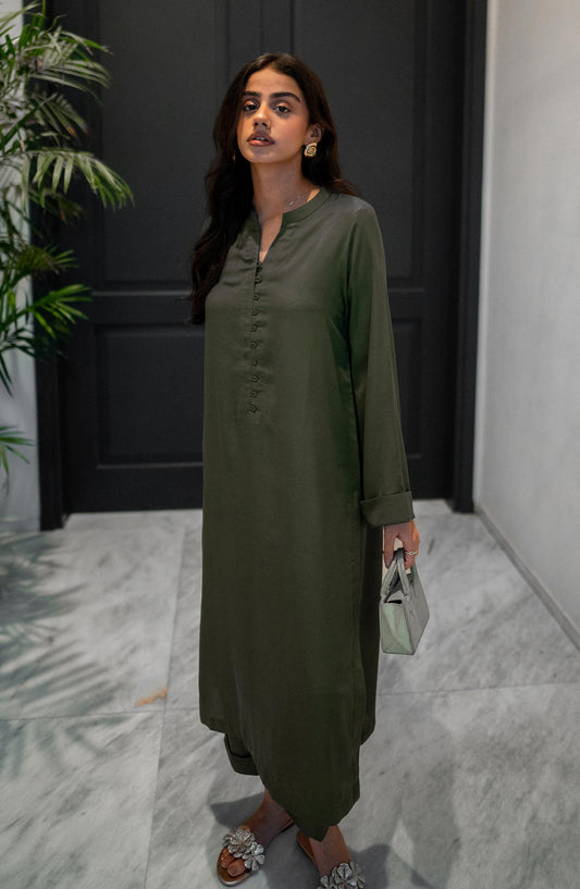 La Rosaa Solid georgette Stitched 2 Piece - Olive - Olive Green - Casual Collection