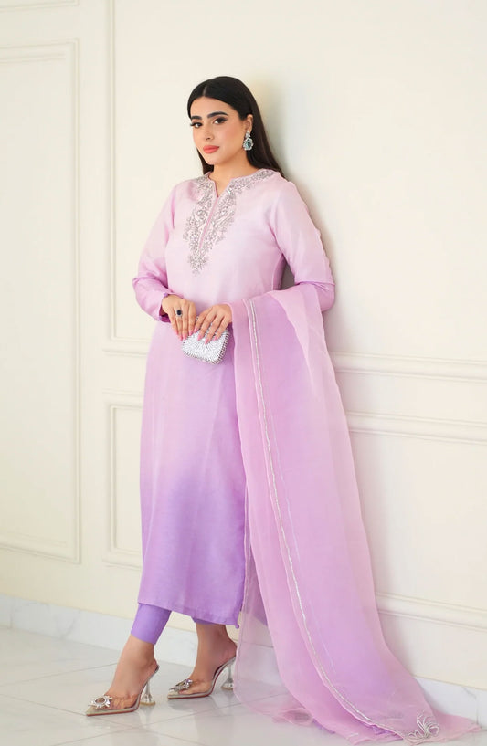 Luna Edit By Hues Atelier Embroidered Korean Raw Silk Stitched 3 Piece - Ombre Lilac - HA25L - Festive Collection