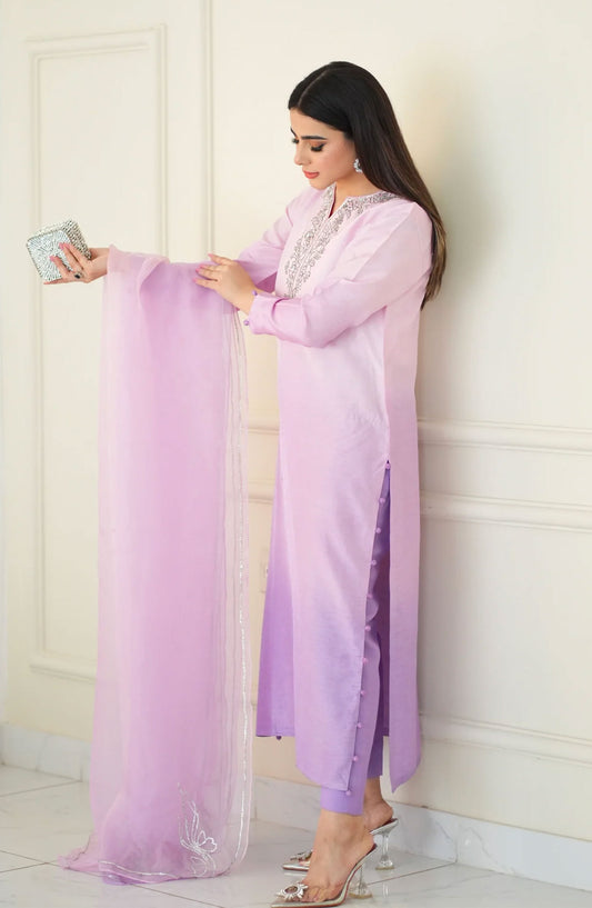 Luna Edit By Hues Atelier Embroidered Korean Raw Silk Stitched 3 Piece - Ombre Lilac - HA25L - Festive Collection