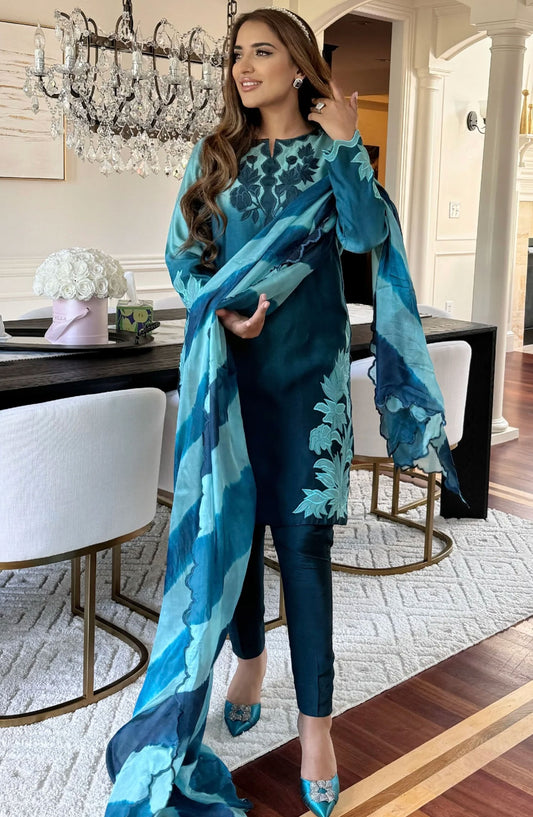 Luna Edit By Hues Atelier Embroidered Cotton Net Stitched 3 Piece - Ombre Teal - HA25L - Festive Collection