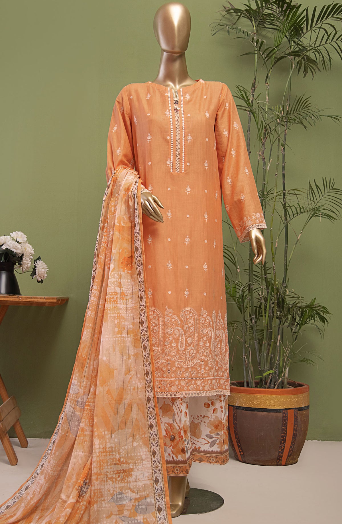 Oriental by HZ Textile Embroidered Lawn Unstitched 3 Piece Suit - OPK-18 - HZ25OPK - Orange - Summer Collection